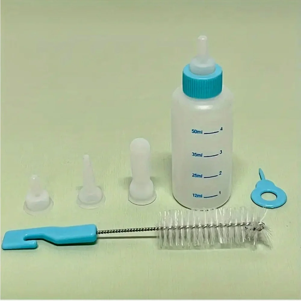Pet Nursing Bottle Set w Spare Pacifiers Cleaning Brush & Hole Opener, 6pcs